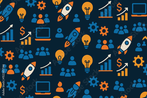 Seamless business startup pattern with charts and innovation icons