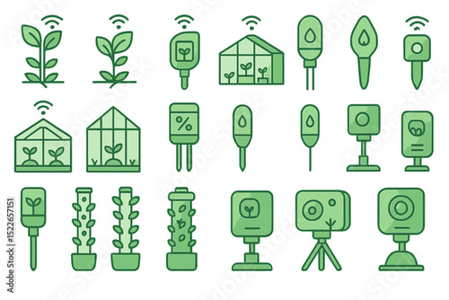Icons for smart farming, plant monitoring, and greenhouse technologies.