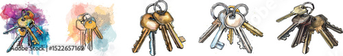Keys Vector Illustration, Watercolor Style, Isolated on White Background