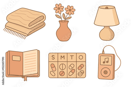 Set of cozy senior care icons with warm gradient background