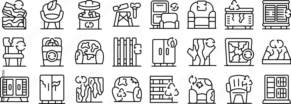 custom made wallpaper toronto digitalRecycled furniture icons set. Furniture recycling process, from discarding old items to transforming them into reusable materials, promoting sustainability and reducing waste