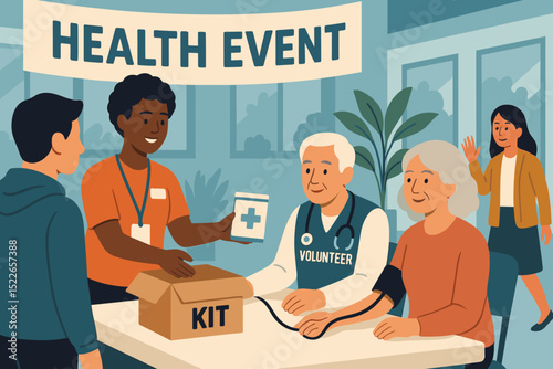 Community health event with volunteers providing care and kits