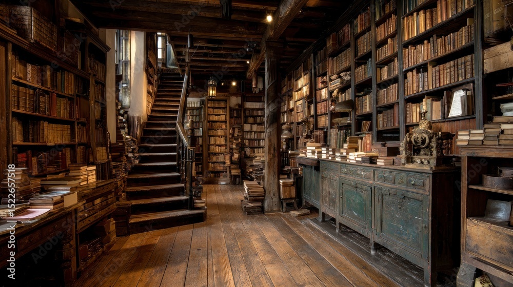 Obraz premium Antique bookshop interior with wooden staircase