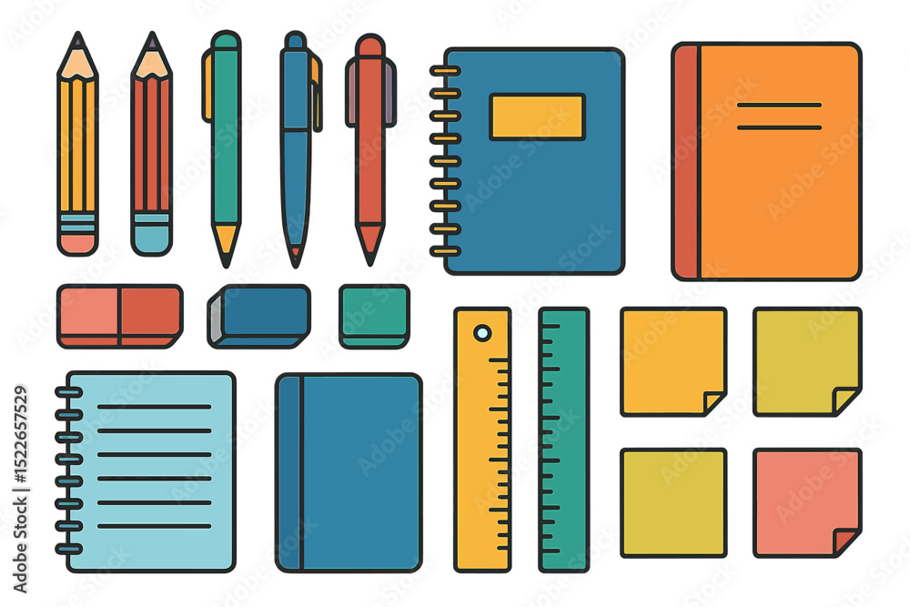 Colorful stationery items arranged on a white background for school or office needs in a creative layout Colorful stationery items arranged on a white background for school or office needs in a creative layout