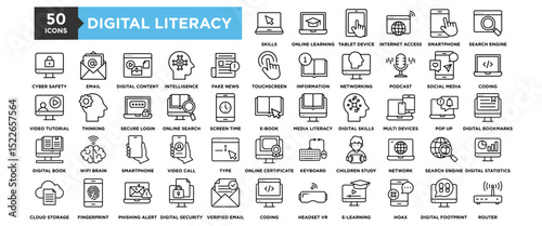 50 Digital Literacy icon set. Containing design Digital book, Information Literacy, E-learning Students, Media Literacy, Search Engine