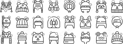 Baby knitted hat icons set. Bundle up in style with charming winter hats adorned with cute animal faces, perfect for keeping little ones warm and cozy