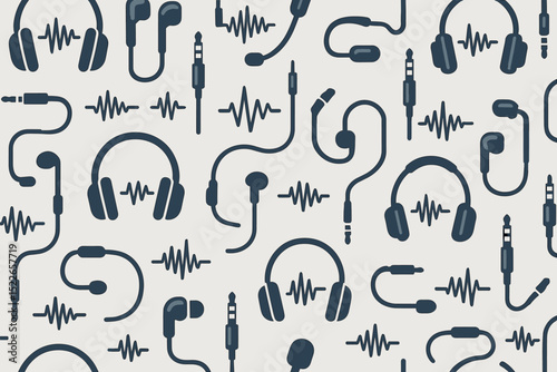 Headphones and soundwaves pattern creating a stylish background design for music lovers and audio enthusiasts