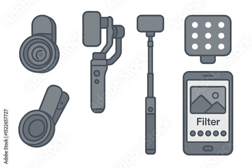 Camera accessories including smartphone filters, gimbals, and tripods for photography enthusiasts
