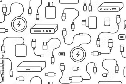 Various electronic charging devices and cables scattered on a white surface showcasing modern technology accessibility