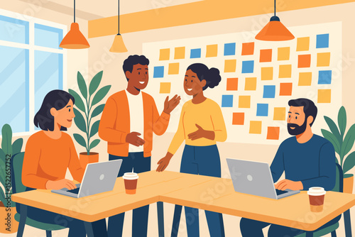 Team collaboration and brainstorming session in modern office space during morning hours