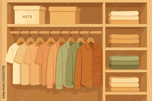Organized closet showcasing neatly hung shirts, stored hats, and folded towels in a minimalist wooden design
