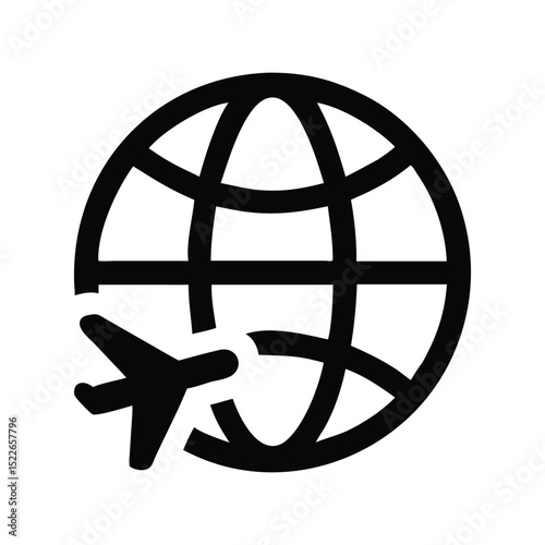 Globe with plane icon vector illustration. Classic travel symbol for world, flight, tourism, adventure, navigation, global, or transportation design