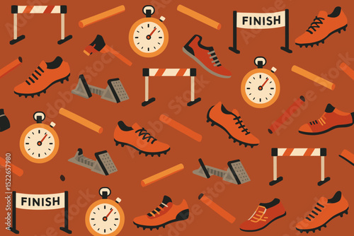 Creative athletic pattern featuring running shoes, hurdles, stopwatches, and finish line decoration in vibrant orange tones