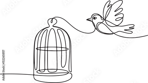 Minimalist single line drawing of a bird cage and a flying bird, continuous line art vector illustration on white background

