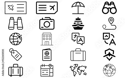 Travel & Tourism icons vector set. Vacation, airplane, map, luggage, hotel, passport, beach, and landmark symbols collection