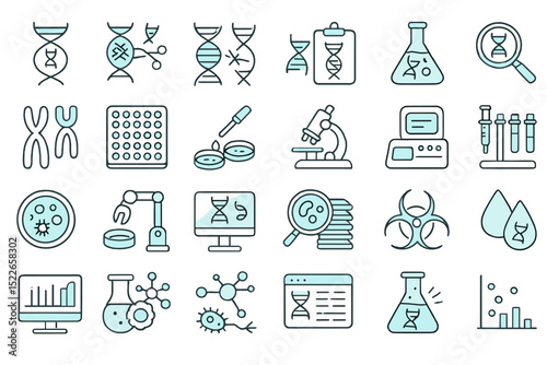 Collection of laboratory icons including DNA, microscopes, and scientific equipment for research and analysis in biotechnology