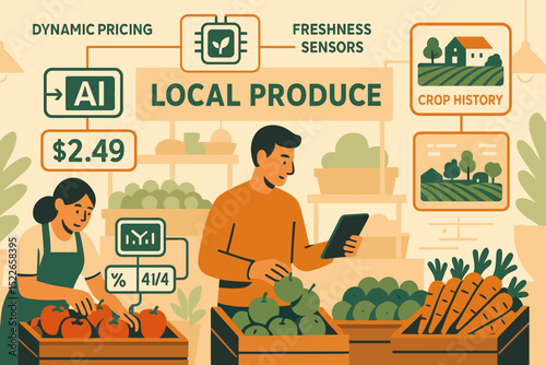 Modern market showcasing local produce with technology for freshness and pricing details