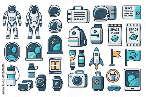 Collection of space exploration icons including astronauts, spacecraft, and gear for adventure in outer space