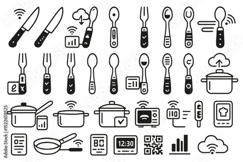 Smart kitchen and connected cooking icon set with utensils and IoT tech