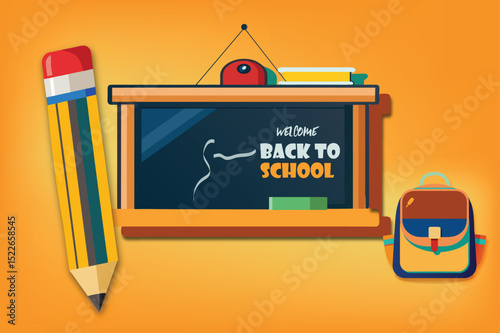 Back to School Essentials: A vibrant illustration featuring a pencil, blackboard and school bag, symbolizing the start of a new academic year and education.