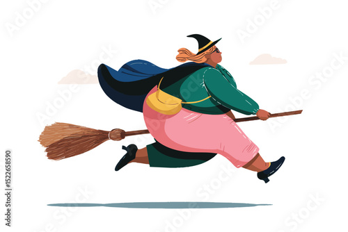 funny cartoon witch in colorful costume riding broom for halloween