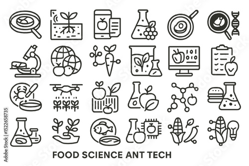 Food science and technology icons depict various elements of research and innovation in the food industry