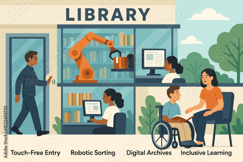 Library showcases modern features with touch-free entry, robotic sorting, digital archives, and inclusive learning opportunities for all