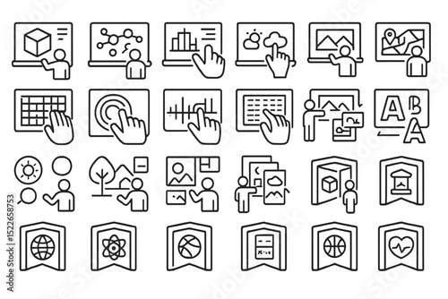Collection of flat line icons depicting various digital learning and multimedia concepts in a modern educational environment