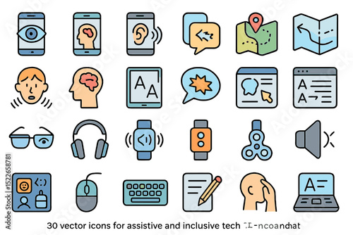 Vector icons representing assistive technology and inclusive tools for various applications in everyday life