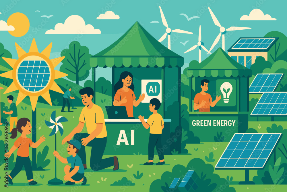 Naklejka premium Engaging activities at a green energy fair promoting AI technology and renewable resources for families in a vibrant outdoor setting