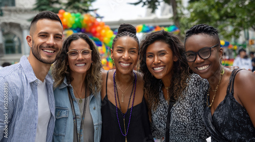 A group of LGBTQ+ friends posing with rainbow flags in front of a Pride parade float. Lesbian couple friends generation z.