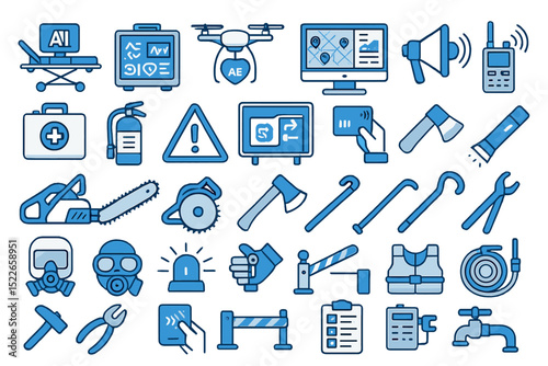 Collection of blue icons representing safety, technology, and emergency tools in a modern workspace setting