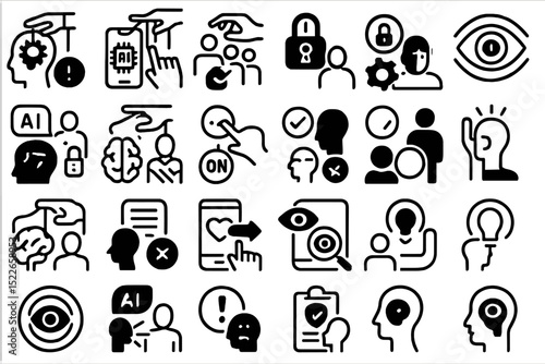 Understanding technology and artificial intelligence through various icons representing engagement, evaluation, and connectivity