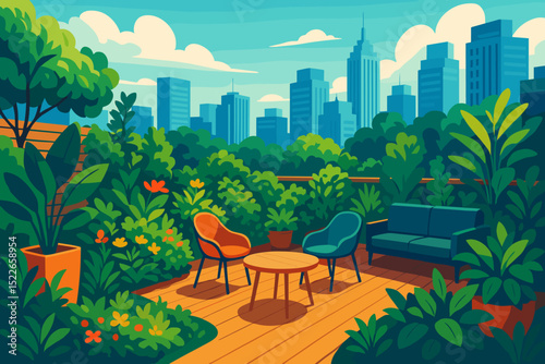 Cozy urban balcony with lush greenery and city skyline in a vibrant summer setting