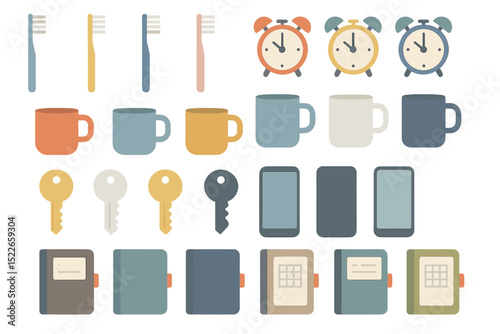 Colorful collection of everyday objects including toothbrushes, mugs, and clocks arranged neatly for morning routine inspiration