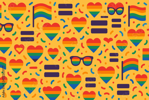 Colorful pattern of hearts and flags celebrating pride with vibrant colors and playful shapes for a festive atmosphere