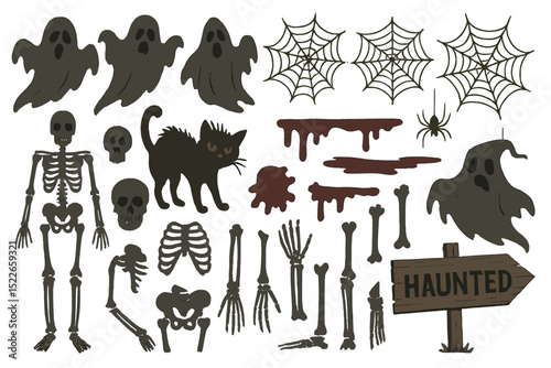 Spooky Halloween decorations featuring ghosts, skeletons, and a haunted sign
