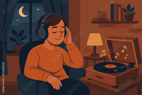 Enjoying a peaceful evening of music at home in a cozy setting with a record player and soft lighting