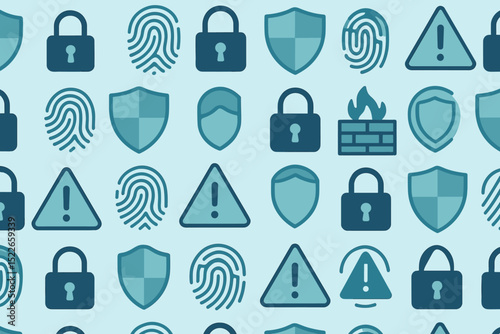 Digital security icons representing various aspects of cybersecurity protection and vulnerabilities in a seamless pattern design