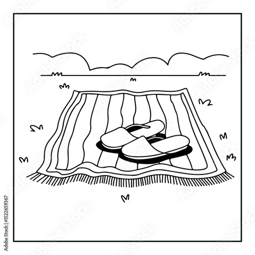 slippers and carpet in a field cartoon illustration coloring books