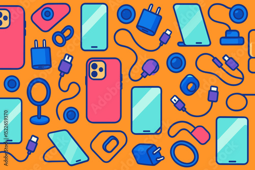 Colorful collection of smartphone accessories on vibrant background showcasing technology in a creative display