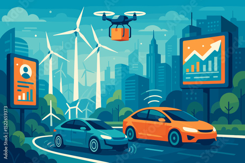 New technology reshapes city transportation with drones and electric cars in an urban landscape