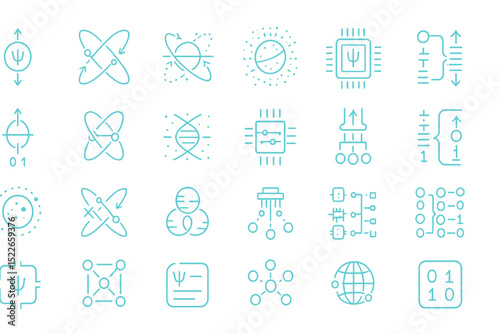 Symbols representing concepts in technology, science, and data analysis displayed in a pattern