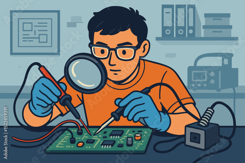 Young man repairs electronic circuit board using soldering tools in a workshop