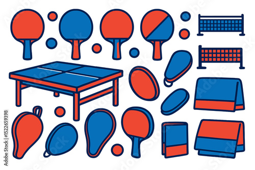 Brightly colored table tennis equipment featuring paddles, balls, and nets laid out in a playful arrangement