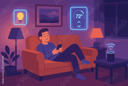 Relaxing evening at home with smart technology in a cozy living room