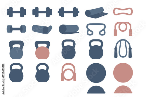 Minimalist fitness icon set with gym and workout equipment