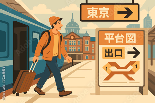 A traveler with a suitcase walks at a train station with directional signs in Japanese.