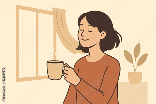 Enjoying a warm beverage on a cozy morning while gazing out the window