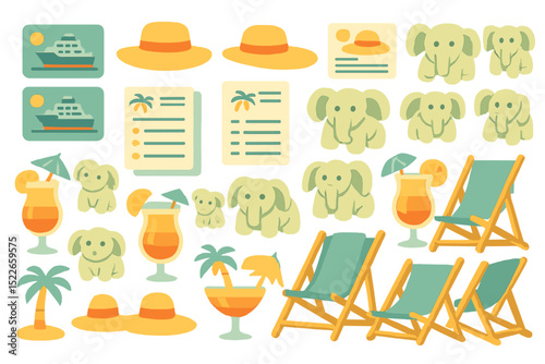 A vibrant vacation-themed pattern with cruise ships, hats, palm trees, elephants, and tropical drinks.